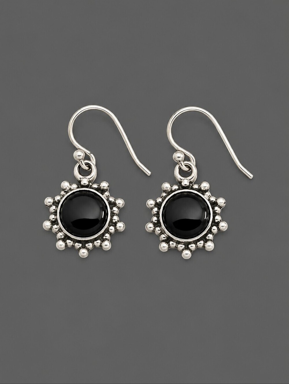 VTG Dainty Sterling Silver Onyx Sunburst Dangle Hook Earrings